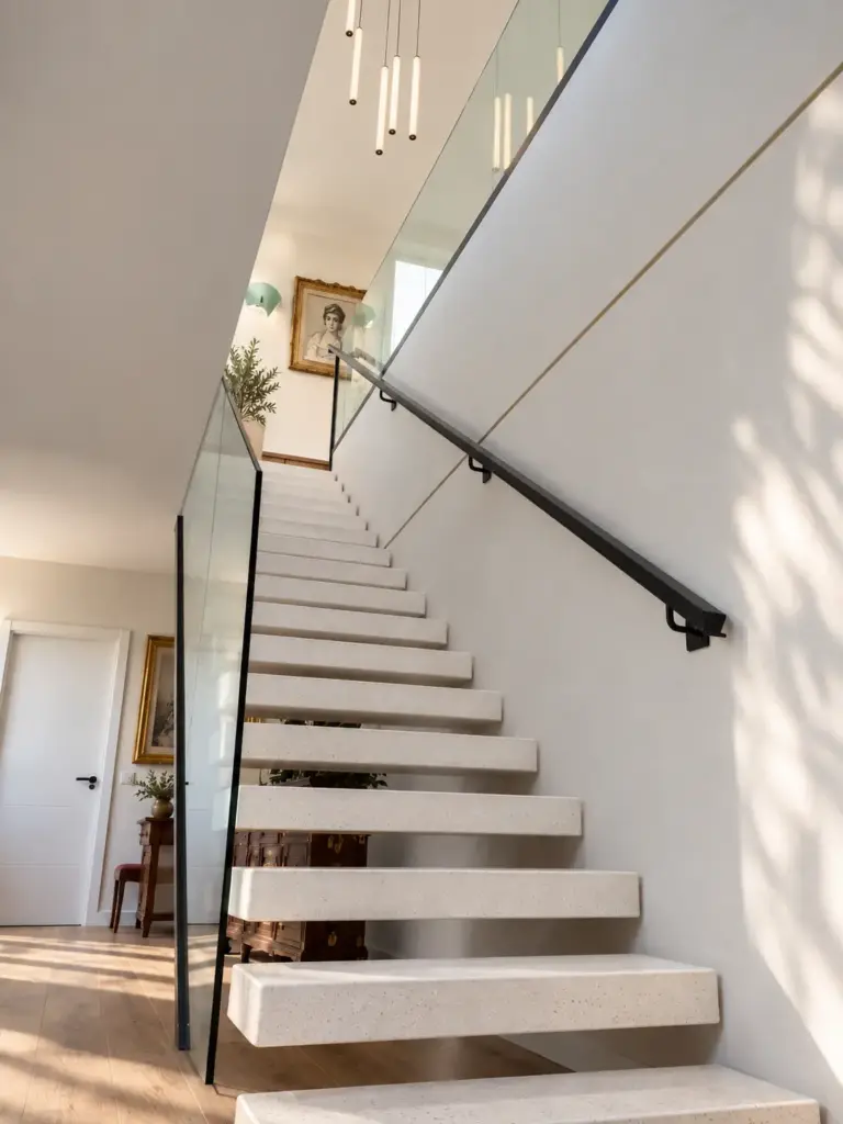 talle de escalera con peldaños volados de hormigón en vivienda de hormigón
