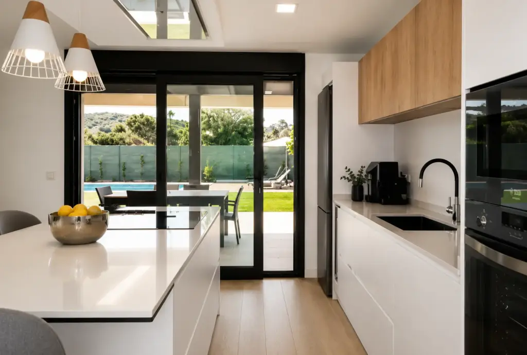 Cocina con isla de la casa de hormigón en Cerceda