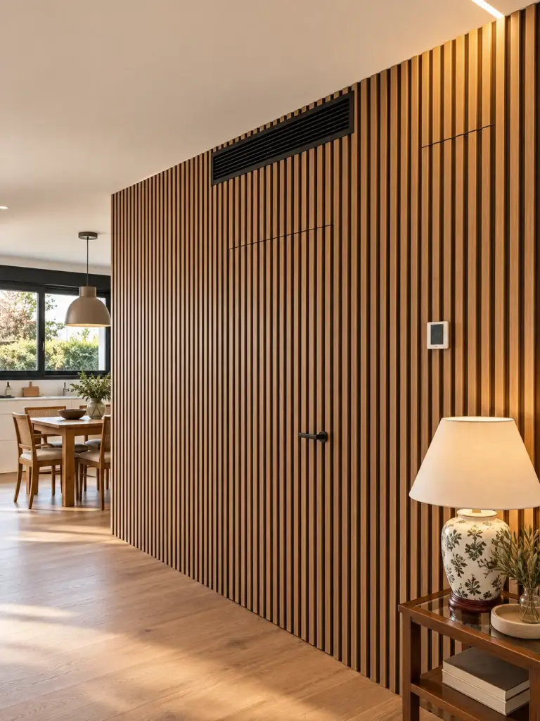 Detalle de revestimiento de madera en el salón en casa de hormigón