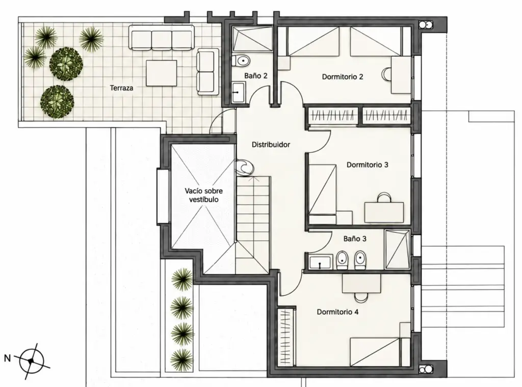 Plano de planta alta con terraza y dormitorios