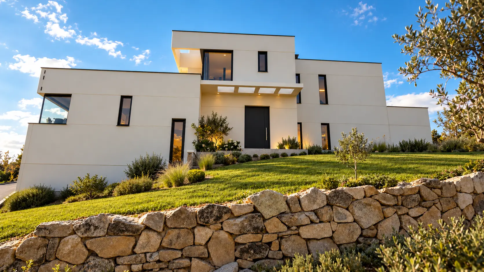 Villa moderna minimalista entre olivos y piedra
