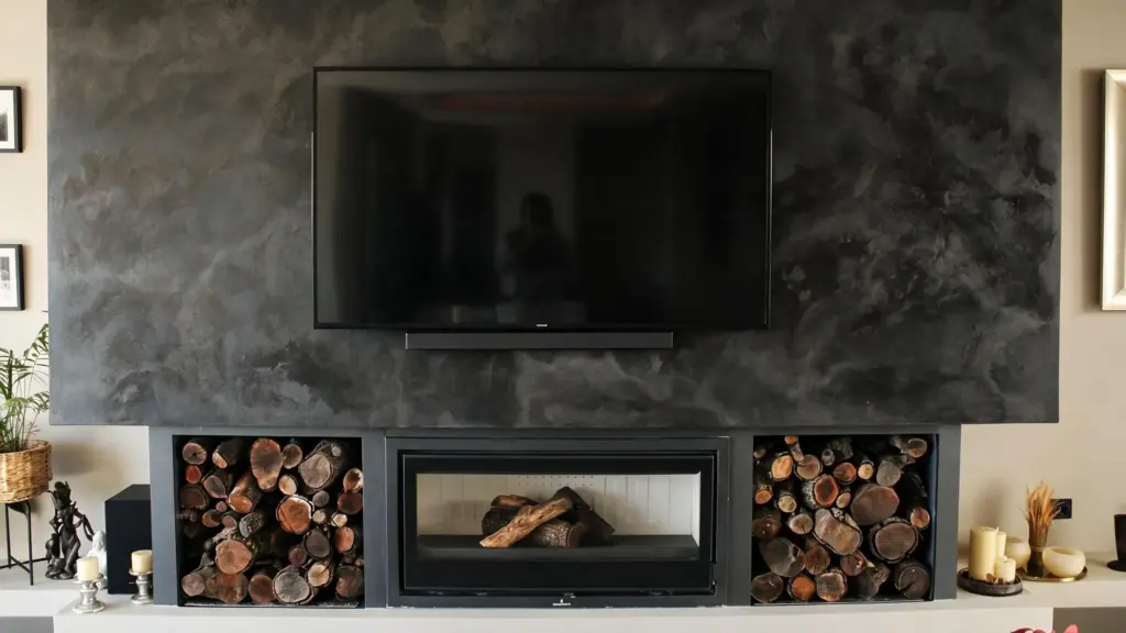 Chimenea de leña bajo el panel de la televisión · casa de hormigón en Valdemorillo