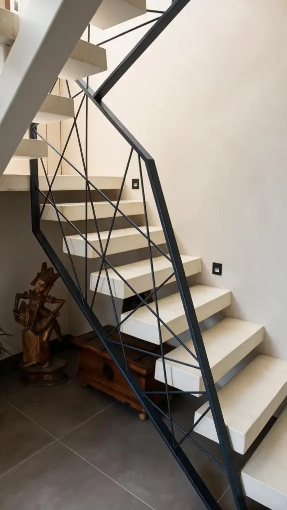 Escalera de peldaños volados con barandilla metálica · casa de hormigón en Valdemorillo