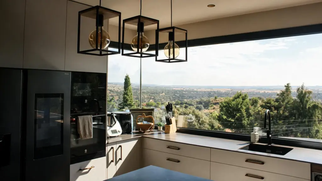 Cocina con ventanal horizontal y vistas a la sierra · casa de hormigón en Valdemorillo