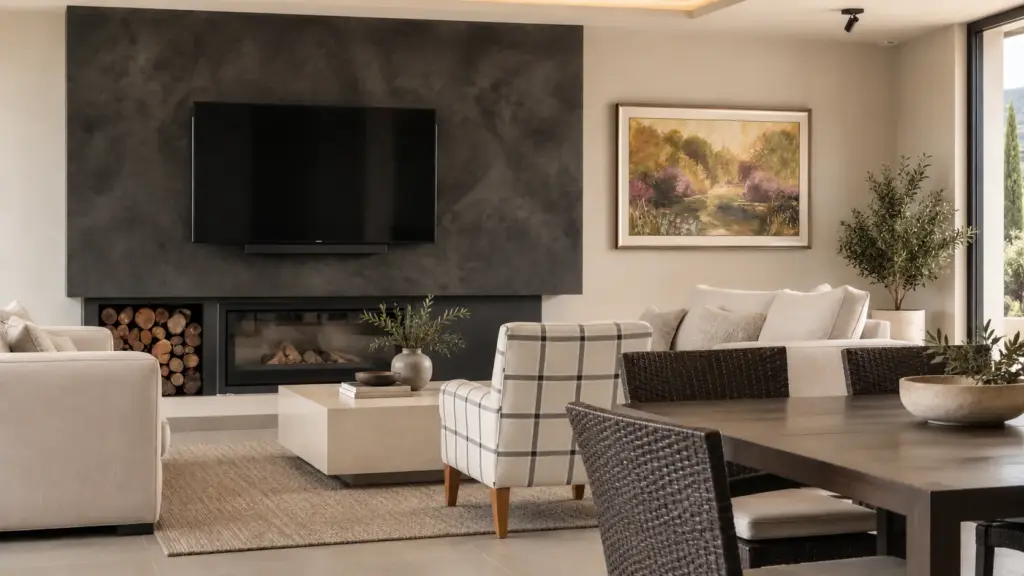 Salón comedor con chimenea y ventanal · casa de hormigón en Valdemorillo