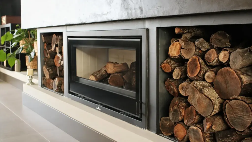 Detalle de la chimenea con leñeros laterales · casa de hormigón en Valdemorillo