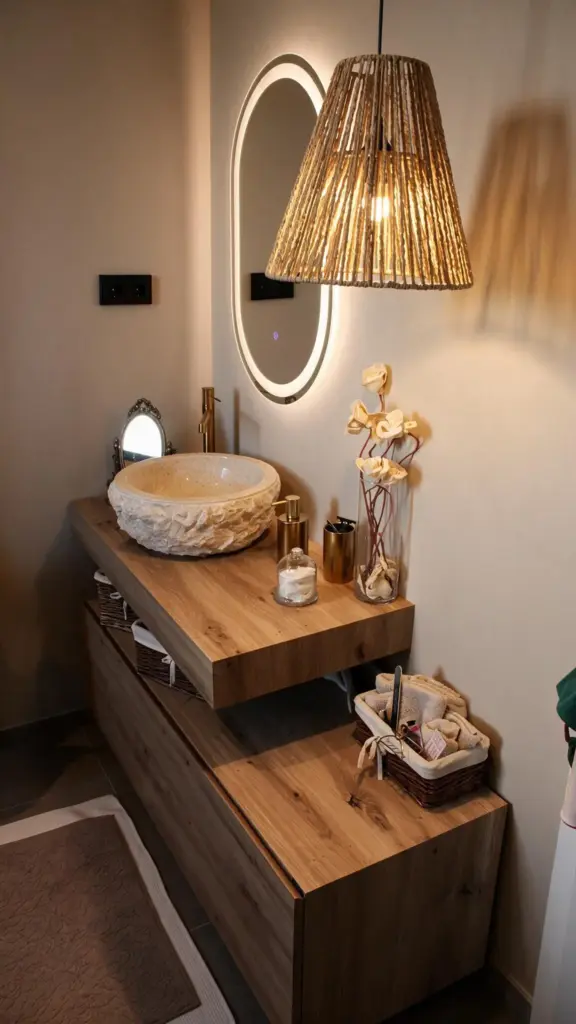 Baño con mueble de madera y espejo retroiluminado · casa de hormigón en Valdemorillo