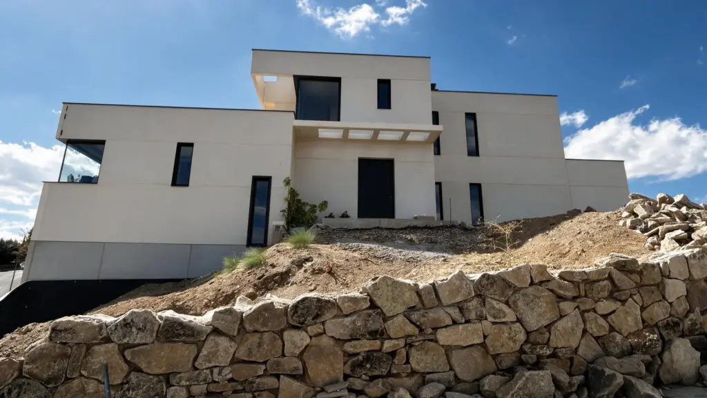 Fachada de la casa terminada sobre el muro de piedra · casa de hormigón en Valdemorillo