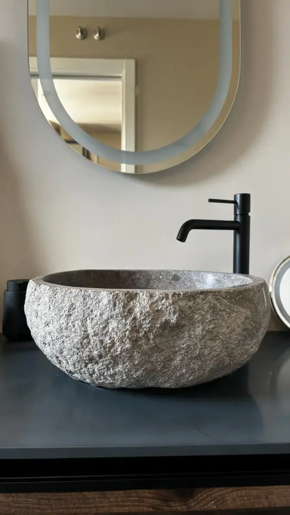 Lavabo de piedra y grifo negro · casa de hormigón en Valdemorillo