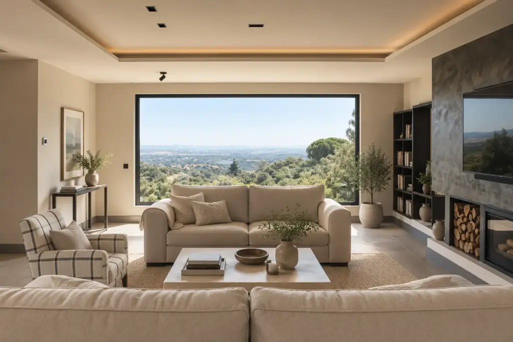 Salón con ventanal y vistas a la sierra · casa de hormigón en Valdemorillo