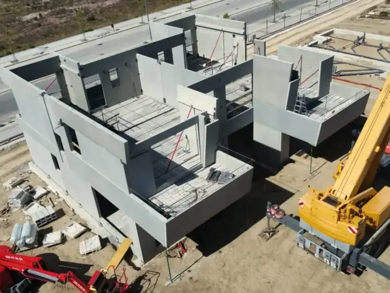 Montaje con grúa de los muros prefabricados de hormigón de una vivienda CVH en Villaviciosa de Odón (Las Hadas)