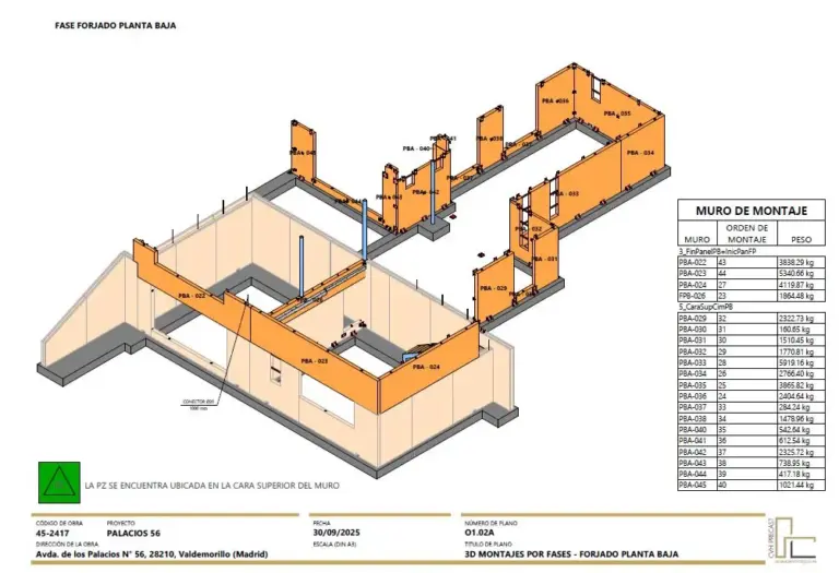 Despiece 3D de los muros prefabricados de una vivienda, preparado para su fabricación en planta