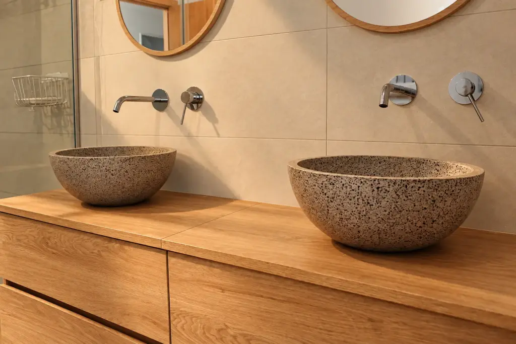 Baño minimalista con lavabos de piedra y madera