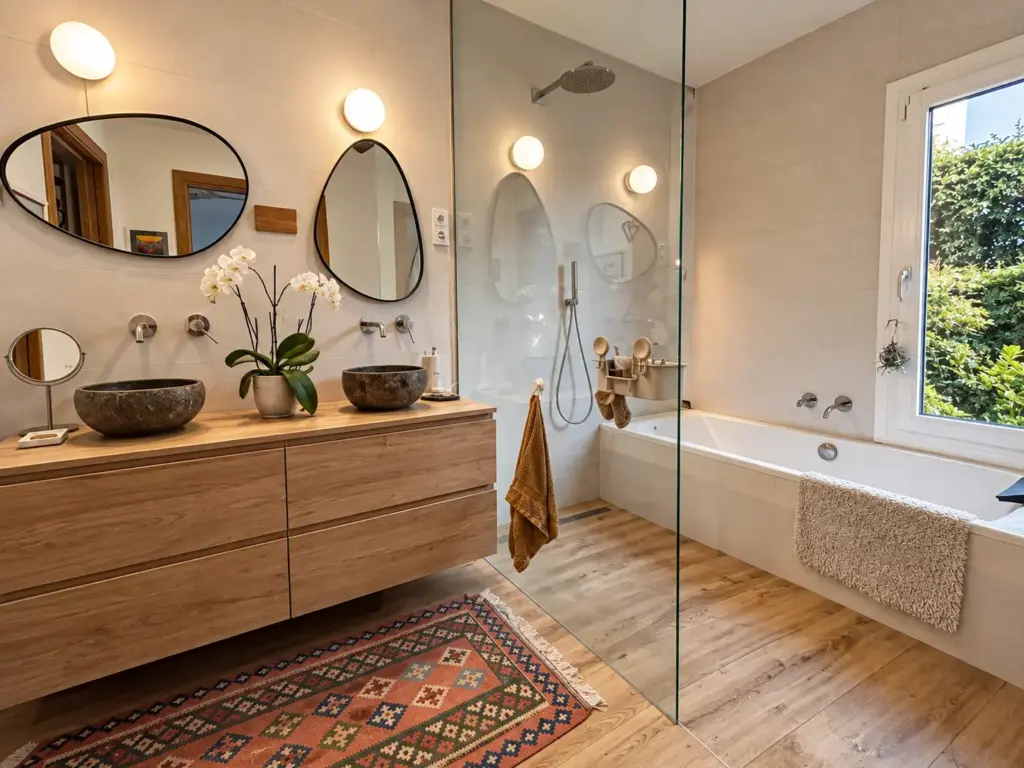 Baño spa moderno con madera y piedra