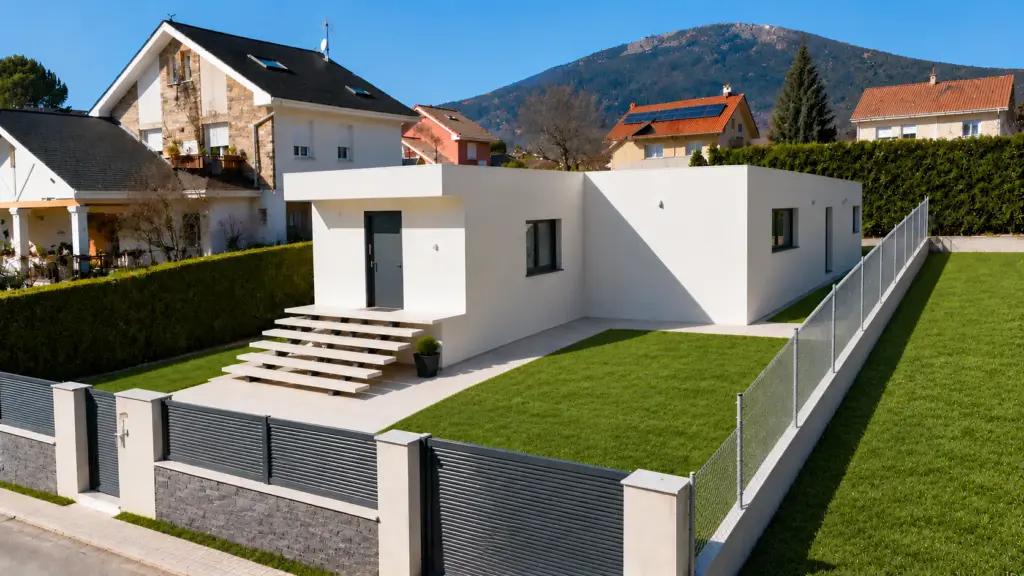 Casa moderna con jardín y montañas