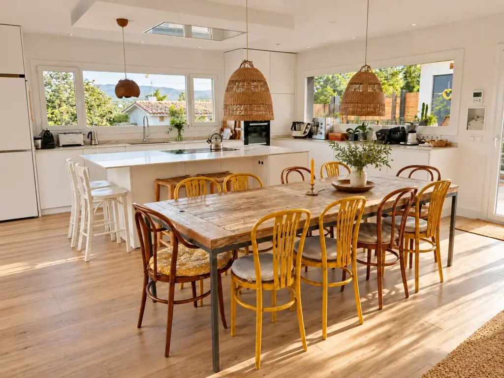 Cocina mediterránea luminosa con comedor de madera