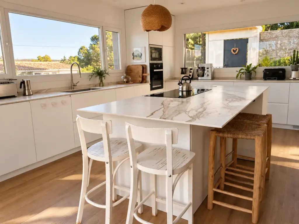 Cocina moderna con isla y luz dorada