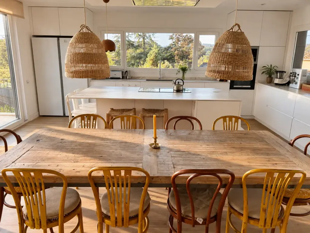 Cocina nórdica con mesa rústica y mimbre