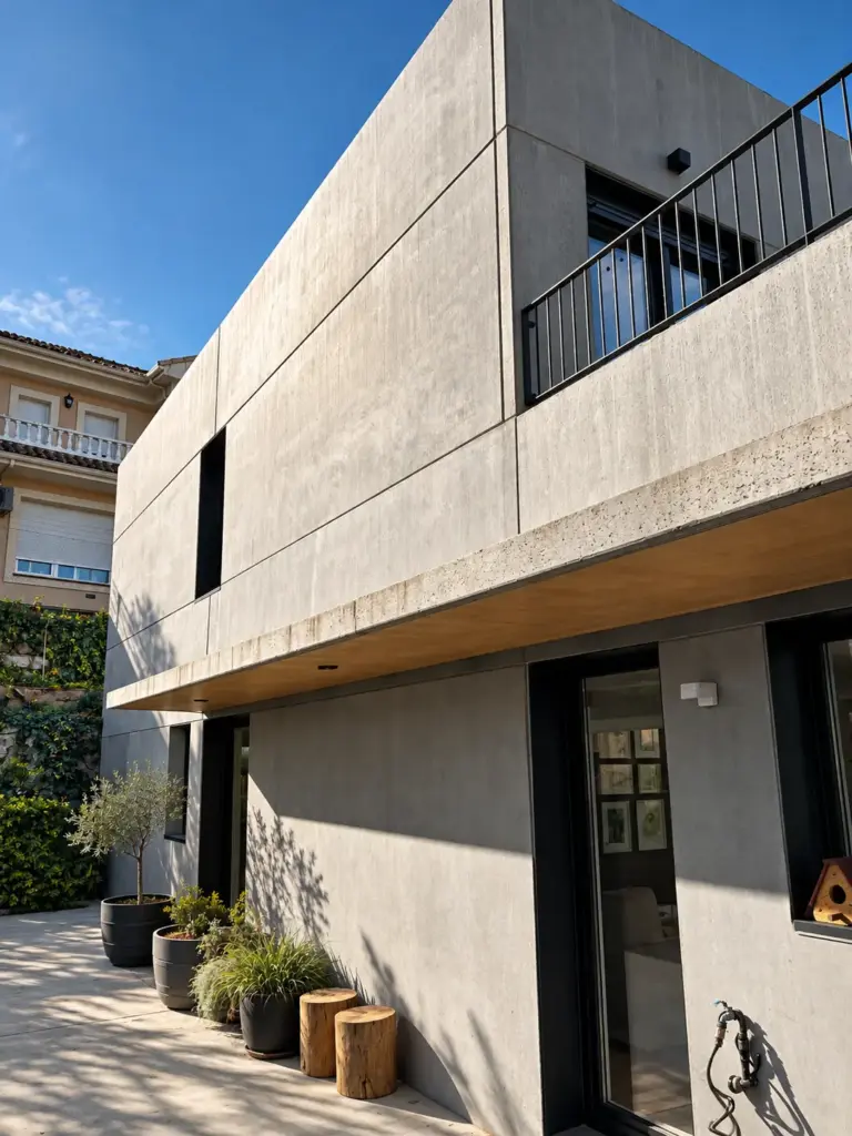 Fachada minimalista de hormigón y madera