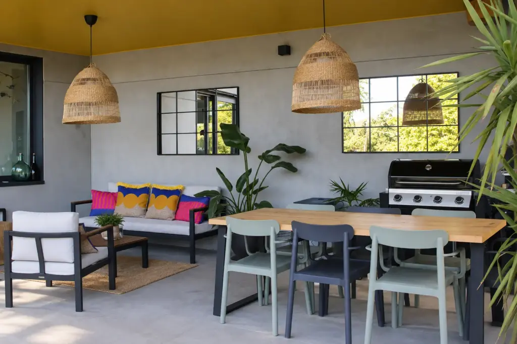 Patio moderno con tonos vibrantes y vegetación
