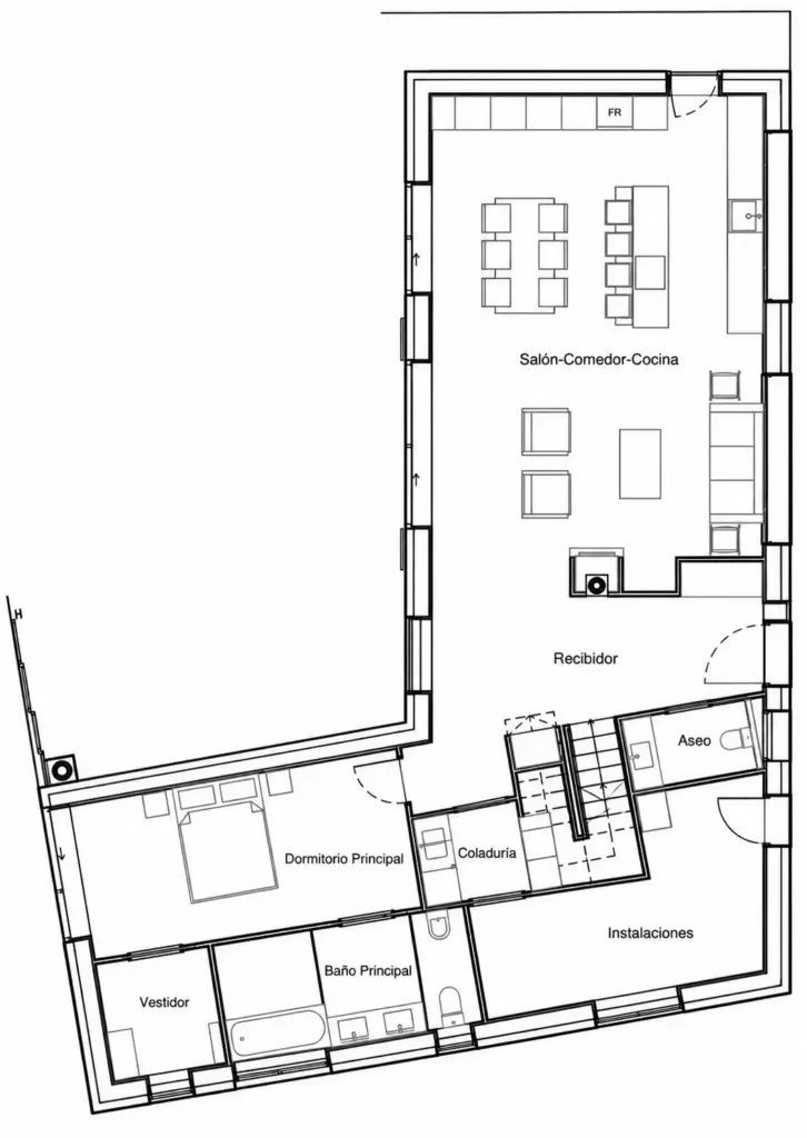 Plano arquitectónico de vivienda en blanco y negro