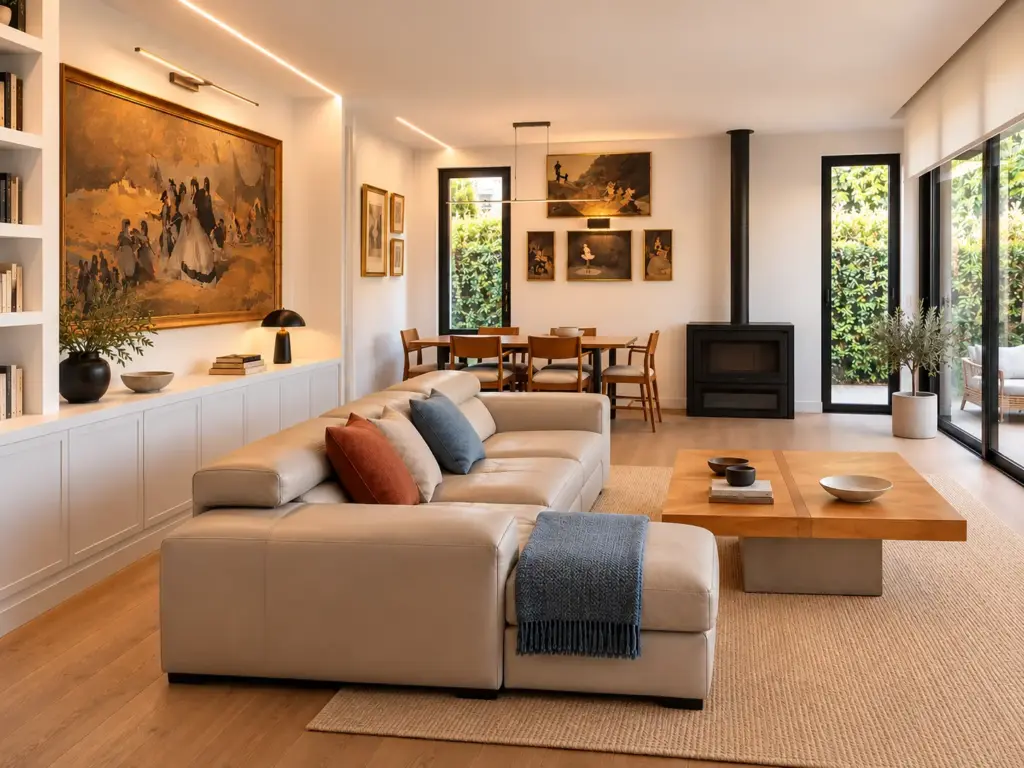 Salón acogedor con chimenea apagada
