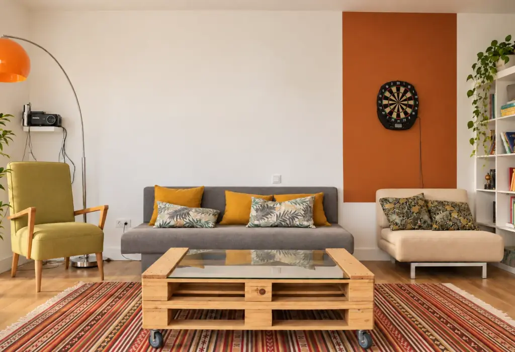 Salón con palé adaptada a una mesa de cristal