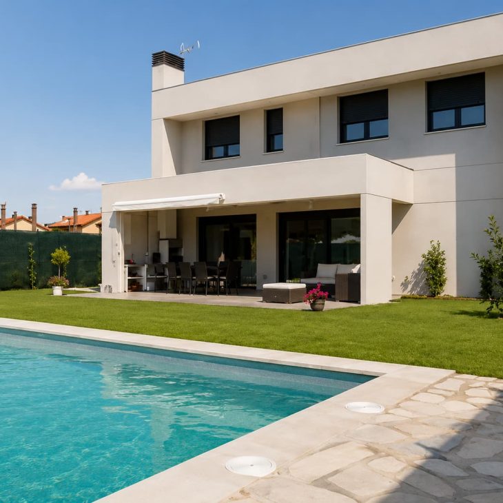 Fachada de vivienda de hormigón con piscina