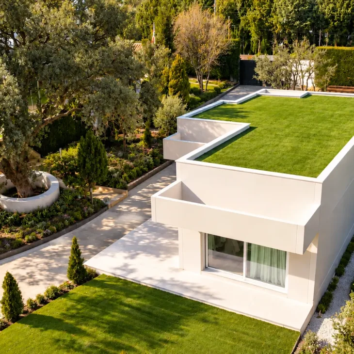Casa minimalista con jardín verde